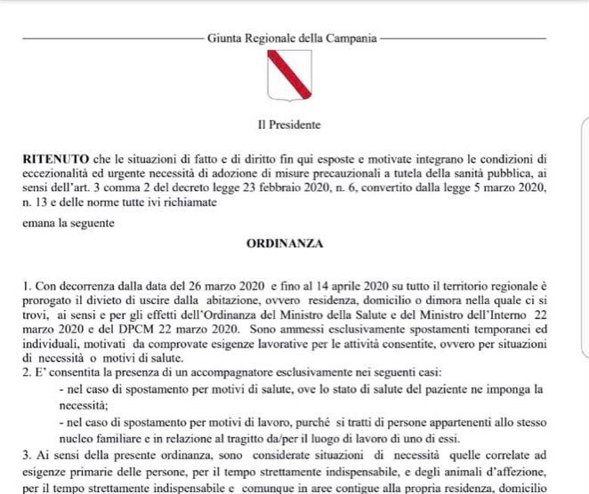 Coronavirus, Regione Campania: misure restrittive prorogate al 14 aprile