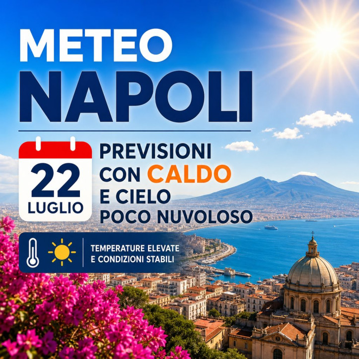 Weather forecast graphic for Naples on July 22, showing hot temperatures and mostly clear skies.