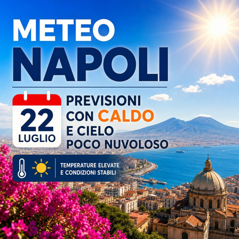 Weather forecast graphic for Naples on July 22, showing hot temperatures and mostly clear skies.