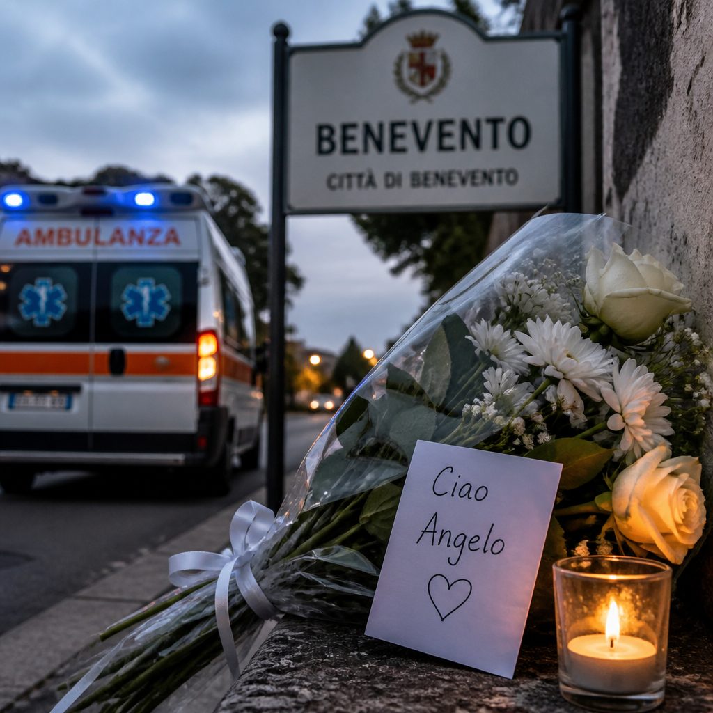 Memorial flowers and candle by a Benevento city sign, with an ambulance in the background.