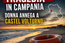 Beach scene in Castel Volturno, Campania, with emergency responders after a woman drowns