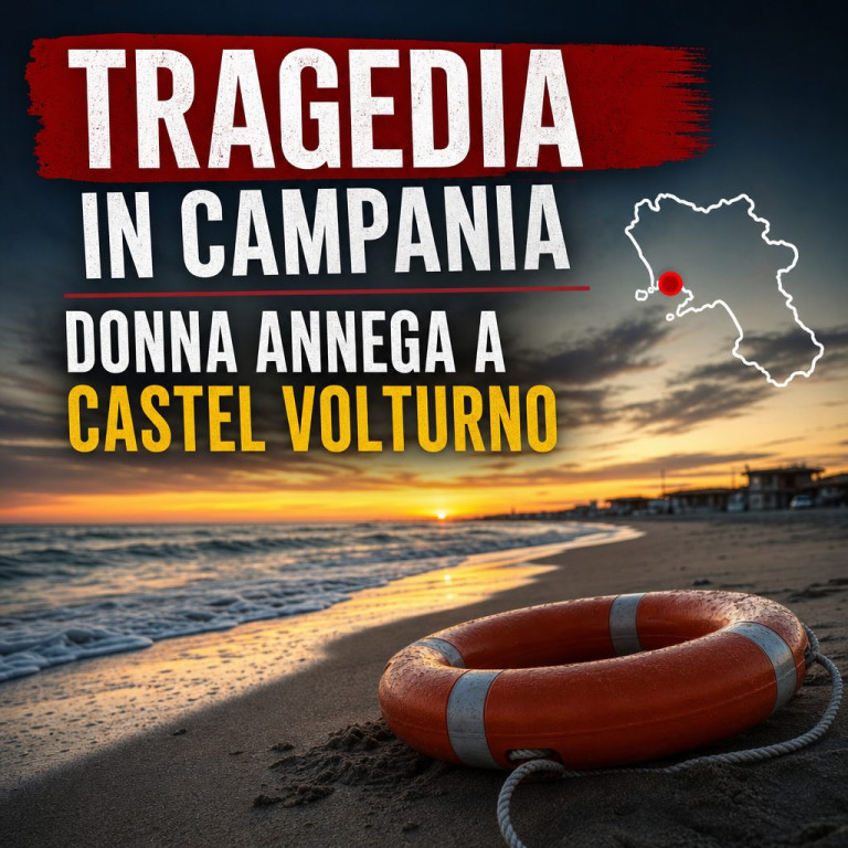 Beach scene in Castel Volturno, Campania, with emergency responders after a woman drowns