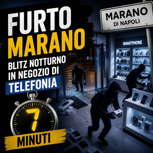 Nighttime break-in at a smartphone store in Marano di Napoli, with shattered glass and scattered phones